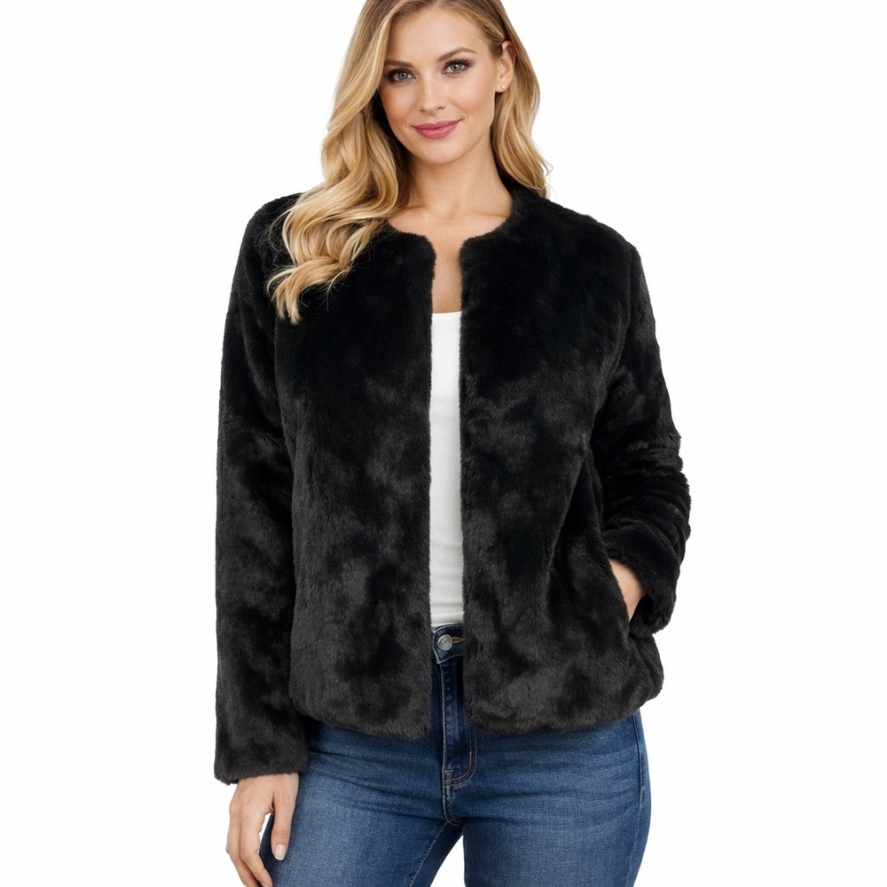 Duffel Outdoor Black Faux Fur Plush Jacket Bolero Crop Cozy Soft Winter Size S